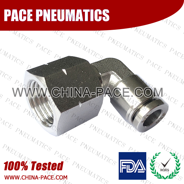 Female Elbow Stainless Steel Push-In Fittings, 316 stainless steel push to connect fittings, Air Fittings, one touch tube fittings, all metal push in fittings, Push to Connect Fittings, Pneumatic Fittings
